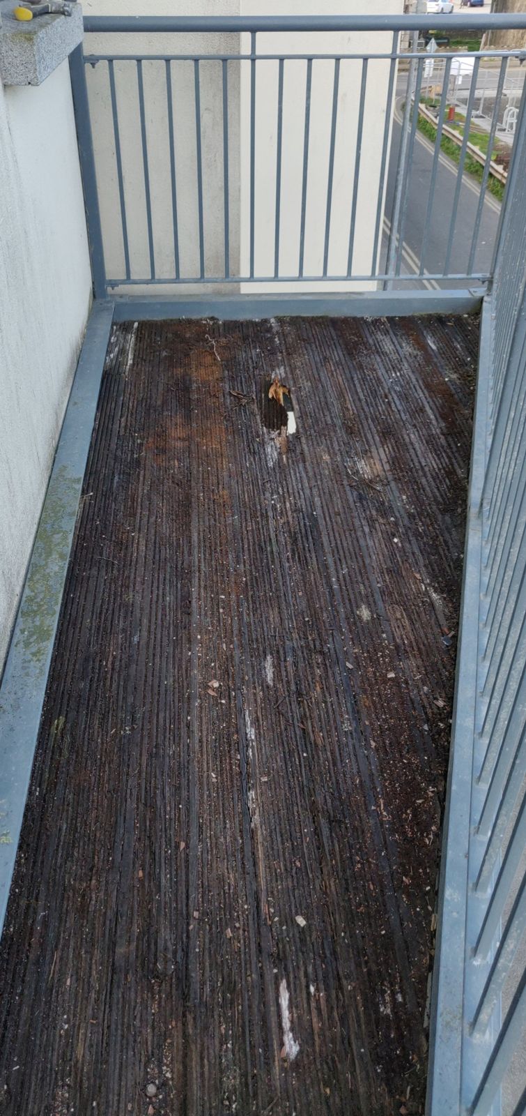 Balcony before: rotten dark timber boards with a hole