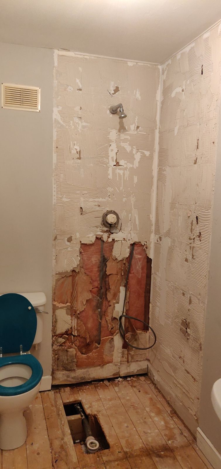 Old shower stripped back, showing wet insulation and a hole in the floor