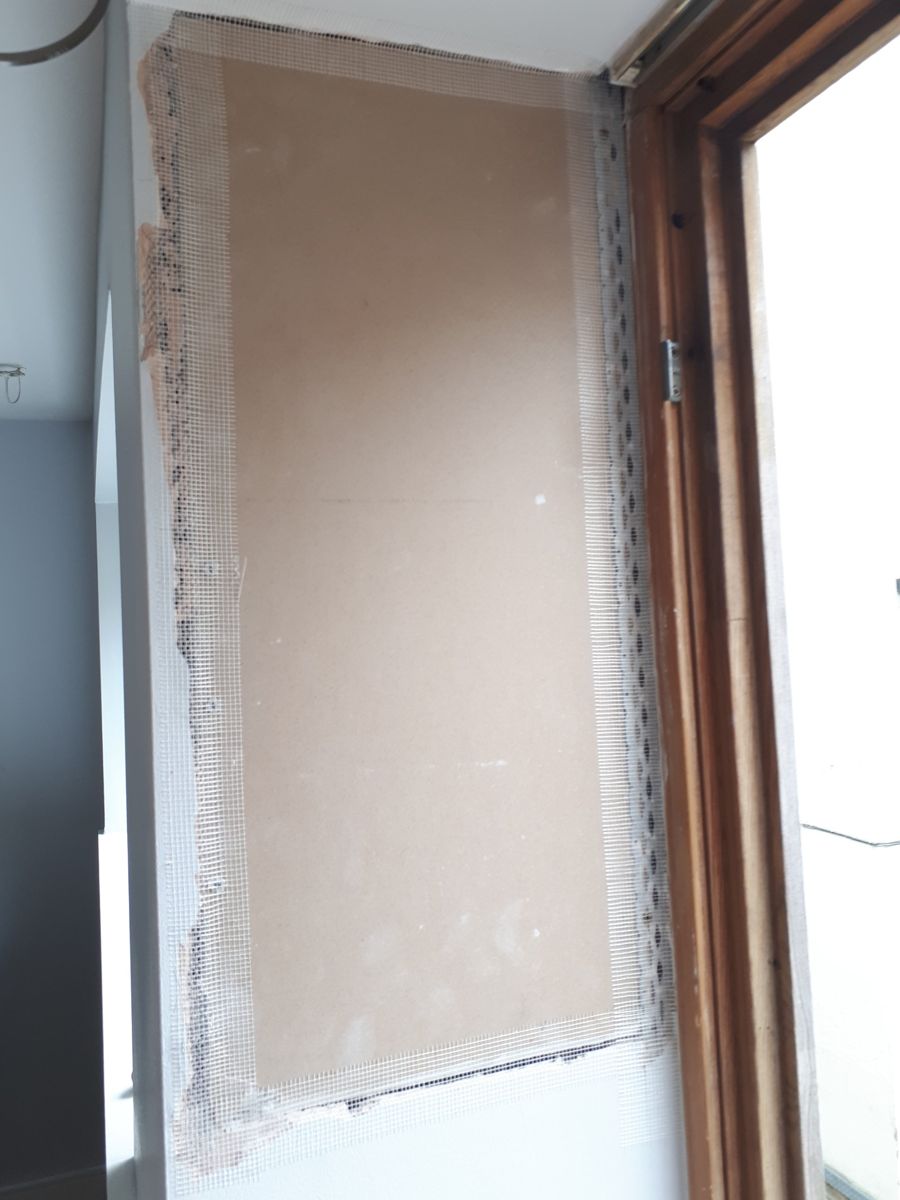 New board fitted with mesh tape and corner bead